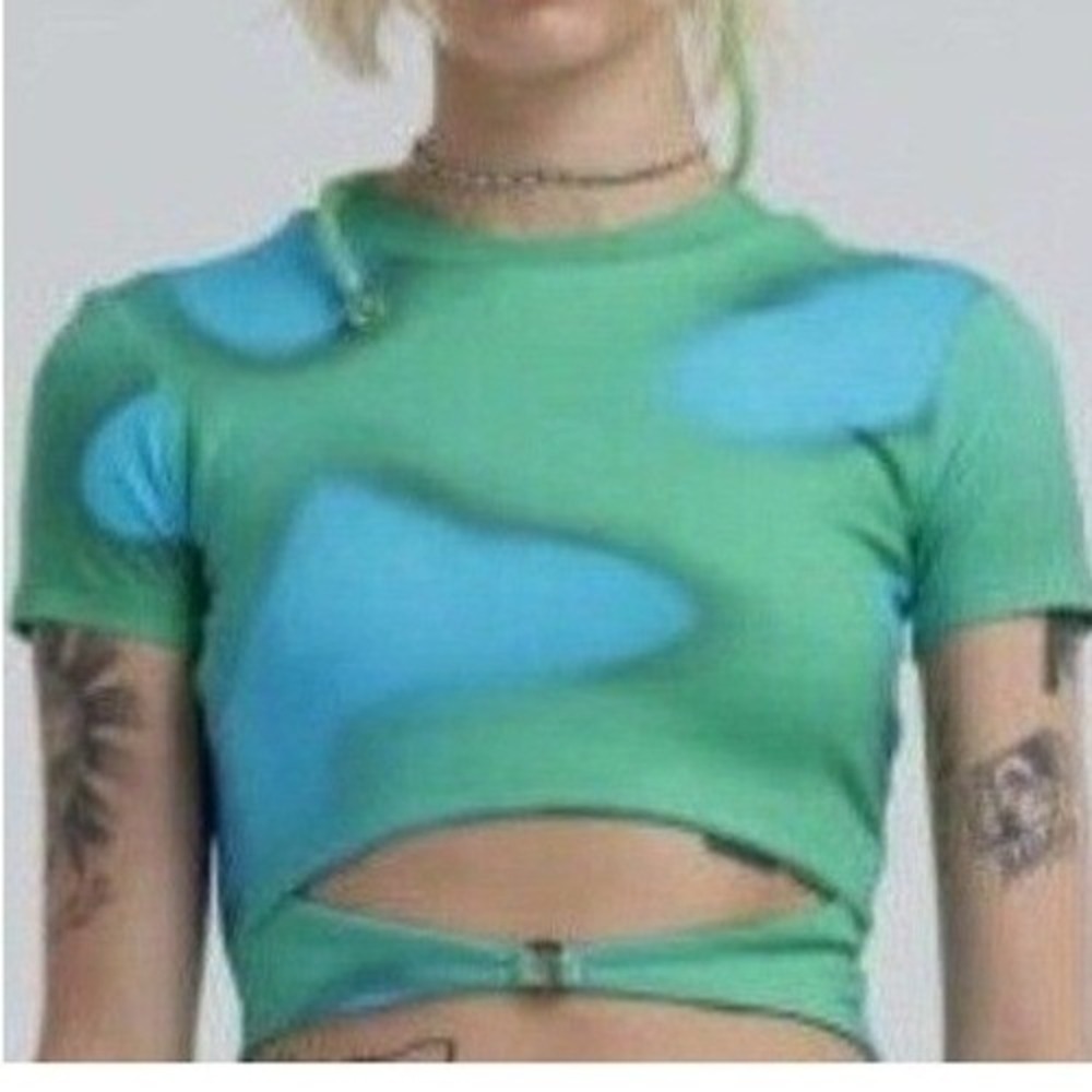 Arthur‎ Blue Green Abstract Cutout Ring Crop Top Size 2 EUC Statement Shirt
